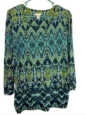 Chico's 3/4 Sleeve Boho Print Top - Blue, Black & Green
